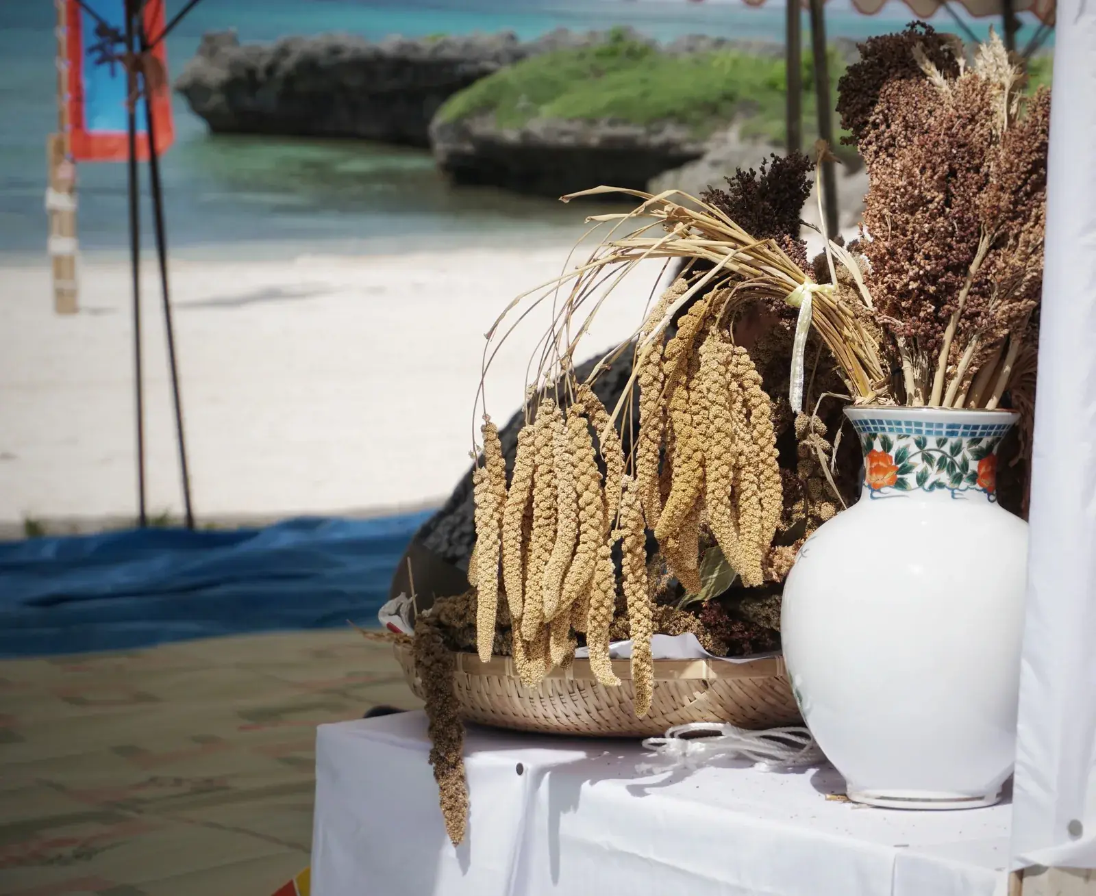 A harvest festival offering beside the beach on Iriomote Island