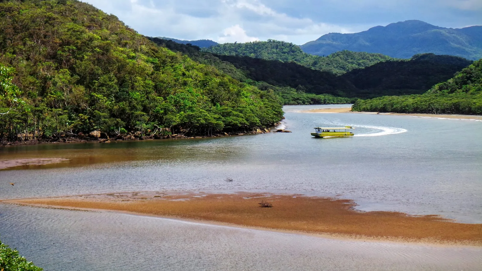 A river winding through mangroves and forested mountains on Iriomote