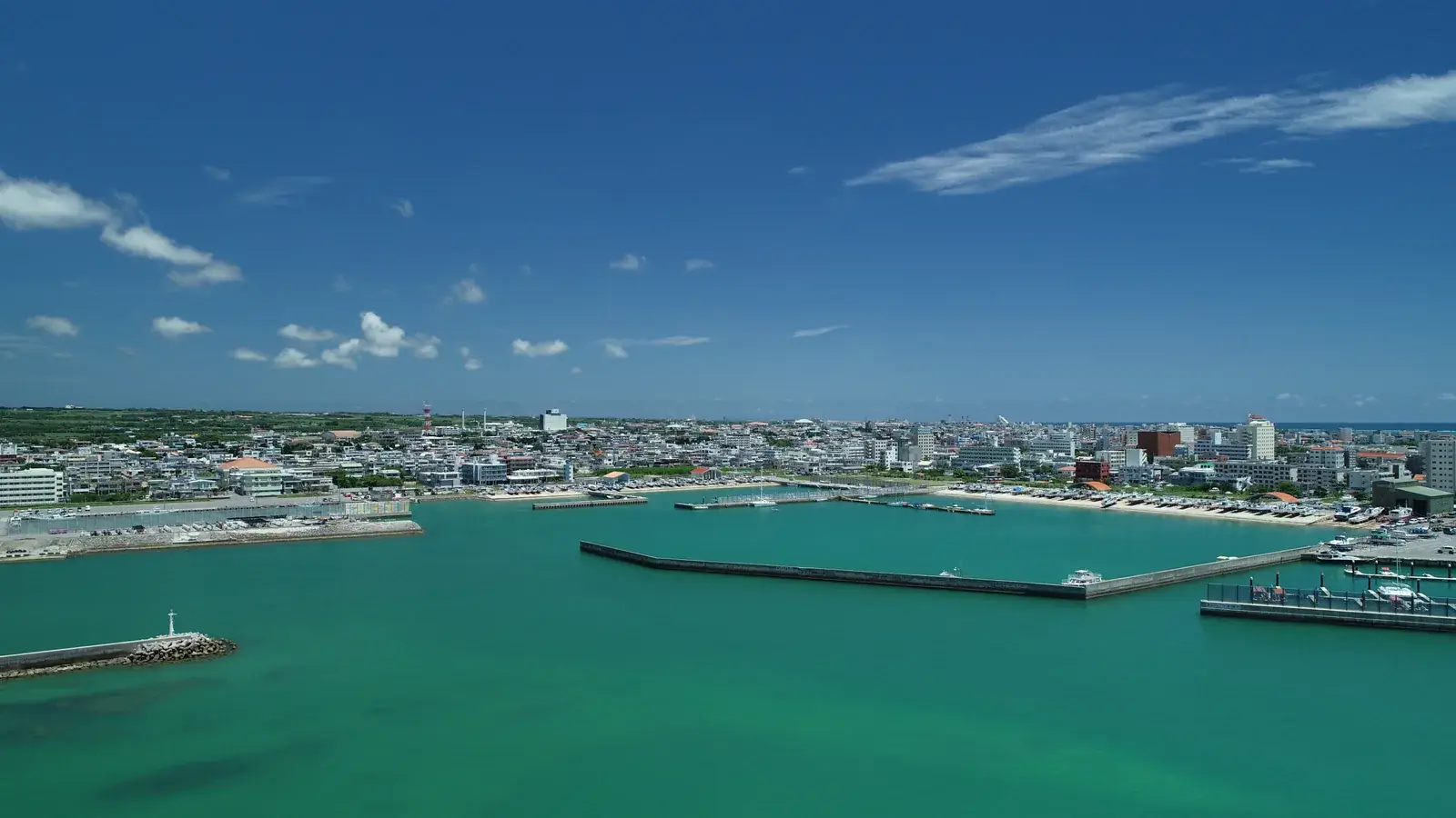 Ishigaki City and its ferry port seen from above