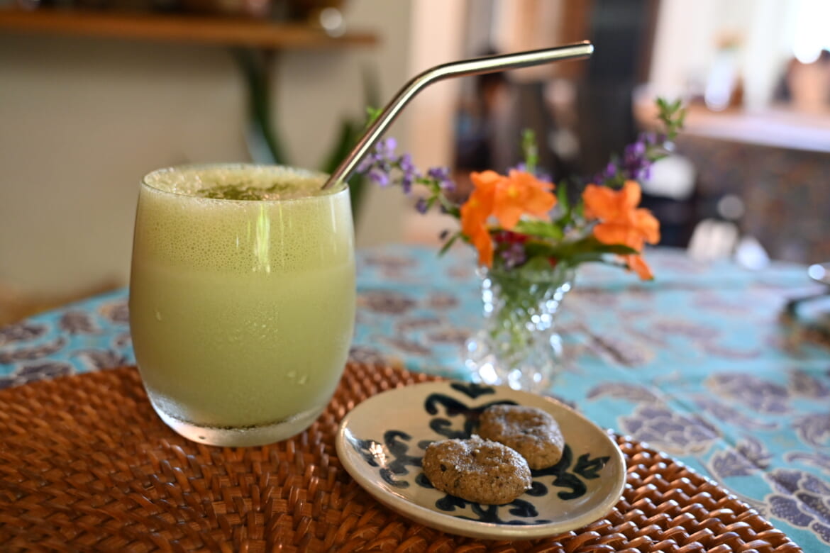 A creamy vegan soy milk latte at cozy Joo Chiat Cafe in Kabira